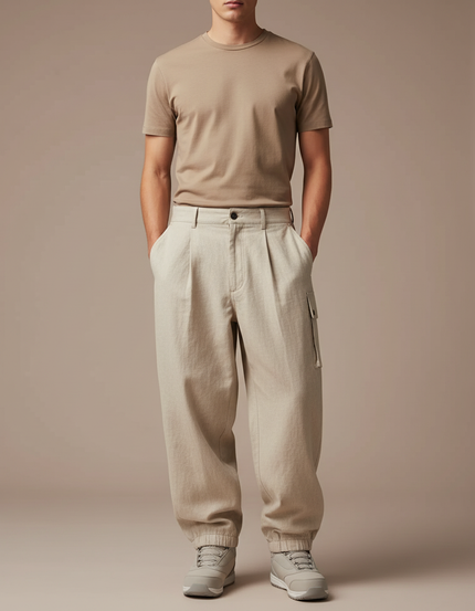 Pantalon Baggy Beige Plissé Ample Chevilles Élastiques Homme - Toile
