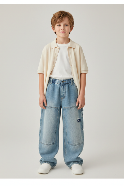Pantalon Baggy Jean Denim Ample Garçon Patchwork Décontracté - Bleu