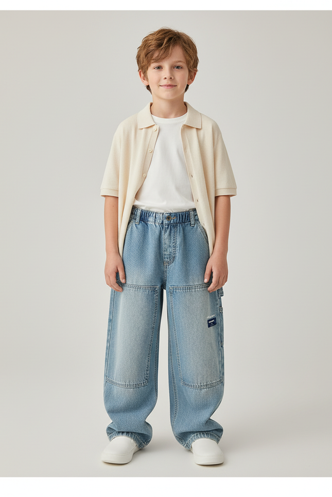 Pantalon Baggy Jean Denim Ample Garçon Patchwork Décontracté - Bleu