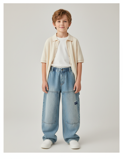 Pantalon Baggy Jean Denim Ample Garçon Patchwork Décontracté - Bleu