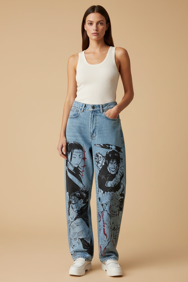 Pantalon Baggy Denim Clair Ample Imprimé Manga Femme - Bleu Jean