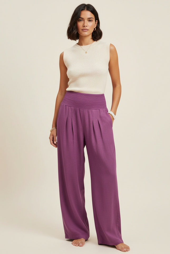 Pantalon Baggy Violet Ample Plissé Fluide Smocké - Lin