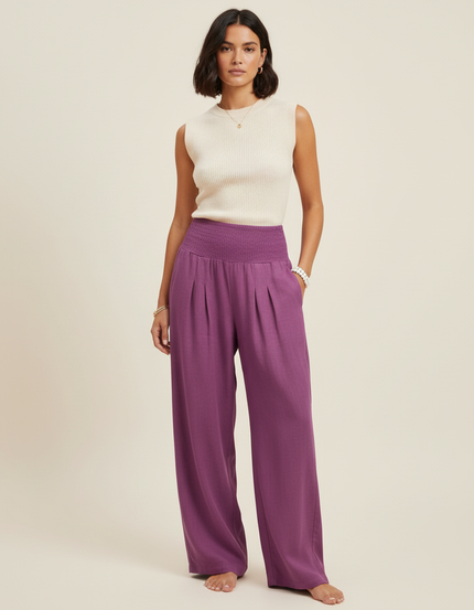 Pantalon Baggy Violet Ample Plissé Fluide Smocké - Lin