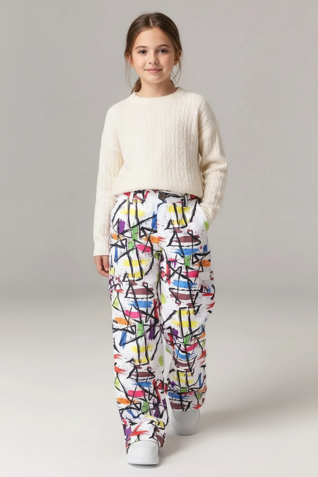 Pantalon Baggy Blanc Imprimé Coloré Ample Décontracté Fille - Multicolore Coton