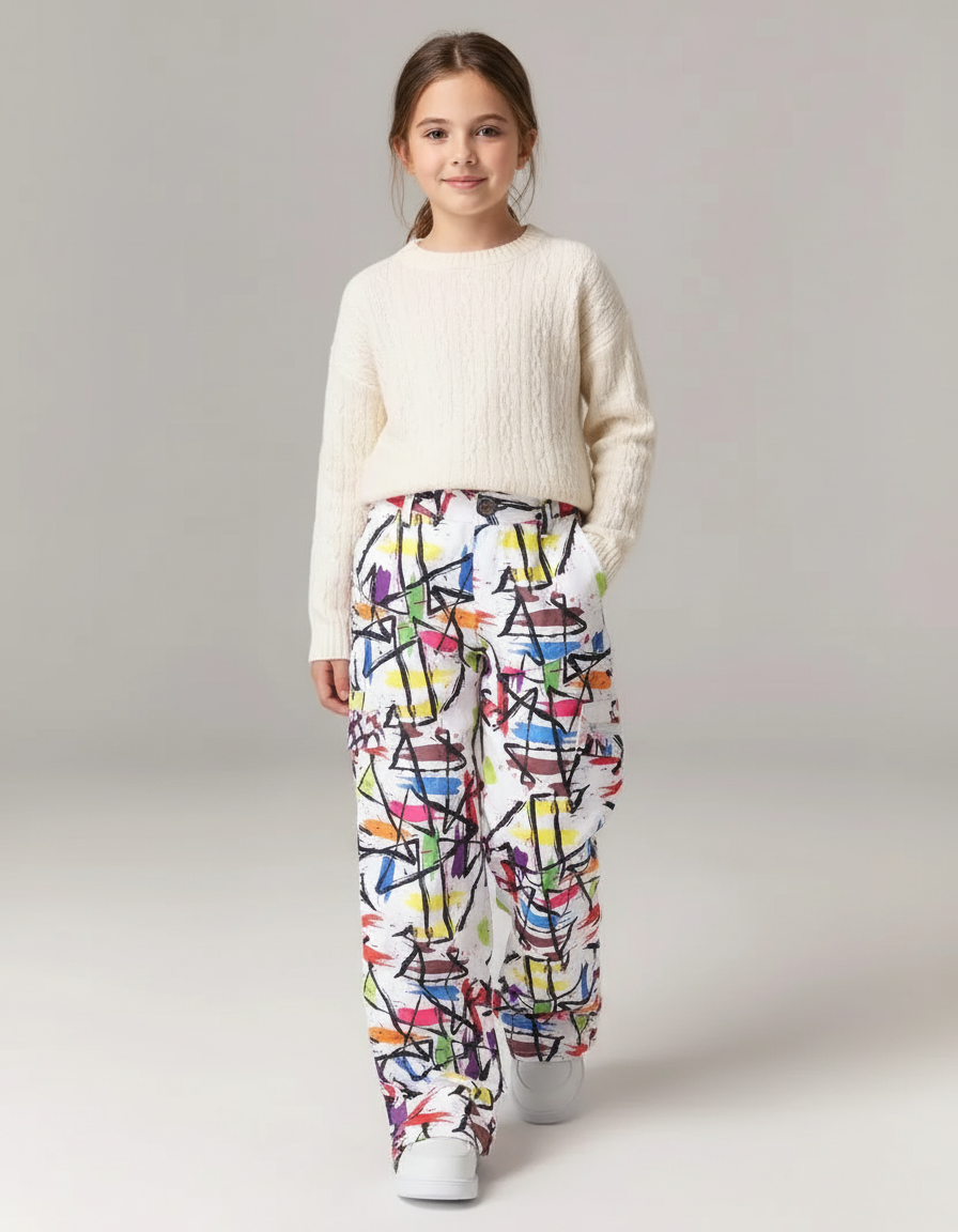 Pantalon Baggy Blanc Imprimé Coloré Ample Décontracté Fille - Multicolore Coton