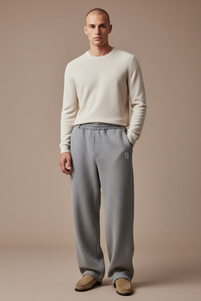Pantalon Baggy Gris Molletonné Ample Décontracté Brodé