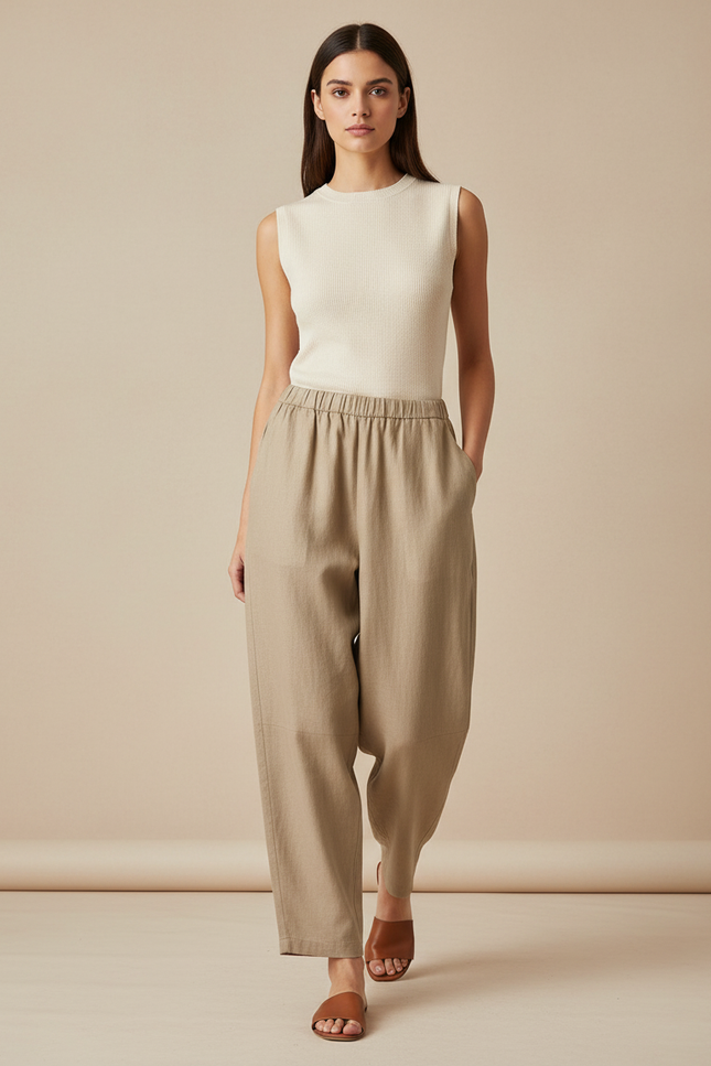 Pantalon Baggy Beige Lin Ample Confortable Femme