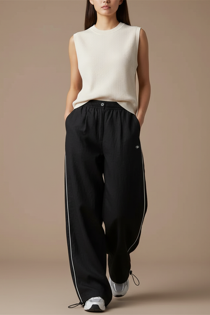 Pantalon Baggy Noir Ample Fluide Décontracté Rayures - Lin