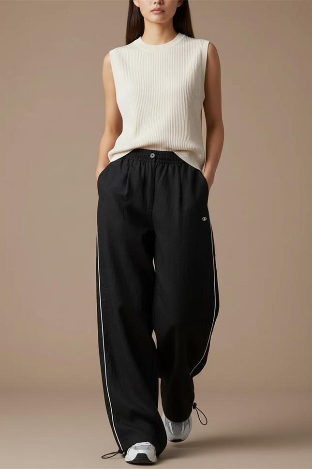 Pantalon Baggy Noir Ample Fluide Décontracté Rayures - Lin
