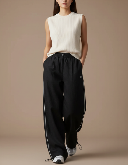 Pantalon Baggy Noir Ample Fluide Décontracté Rayures - Lin