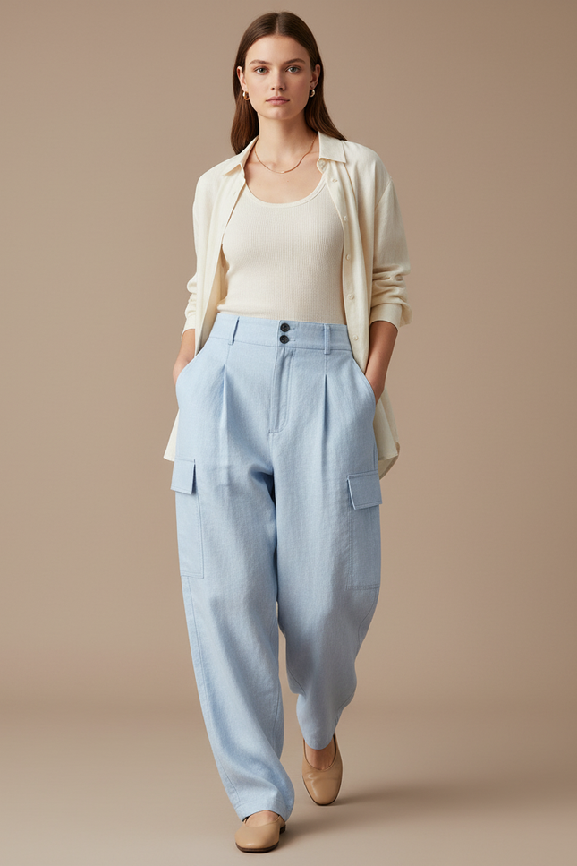 Pantalon Baggy Bleu Ciel Plissé Cargo Décontracté - Lin