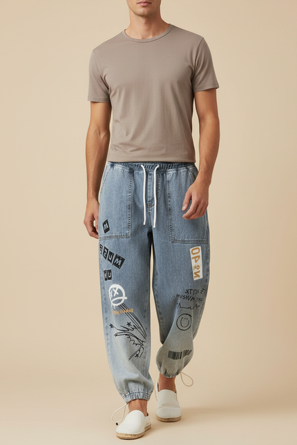 Pantalon Baggy Jean Bleu Graffiti Hip-Hop Ample
