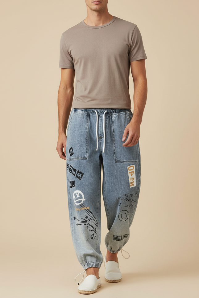 Pantalon Baggy Jean Bleu Graffiti Hip-Hop Ample