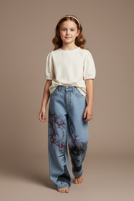 Pantalon Baggy Denim Clair Imprimé Anime Harajuku - Bleu Jean