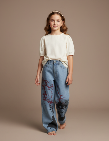 Pantalon Baggy Denim Clair Imprimé Anime Harajuku - Bleu Jean