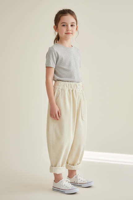 Pantalon Baggy Côtelé Écru Ample Confortable Enfant - Beige Cordé