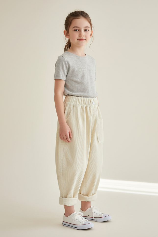 Pantalon Baggy Côtelé Écru Ample Confortable Enfant - Beige Cordé