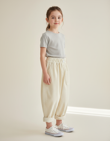 Pantalon Baggy Côtelé Écru Ample Confortable Enfant - Beige Cordé