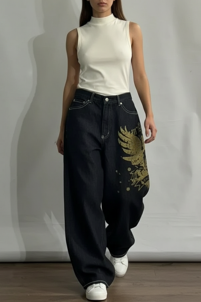 Pantalon Baggy Noir Ample Imprimé Streetwear Y2K - Jean