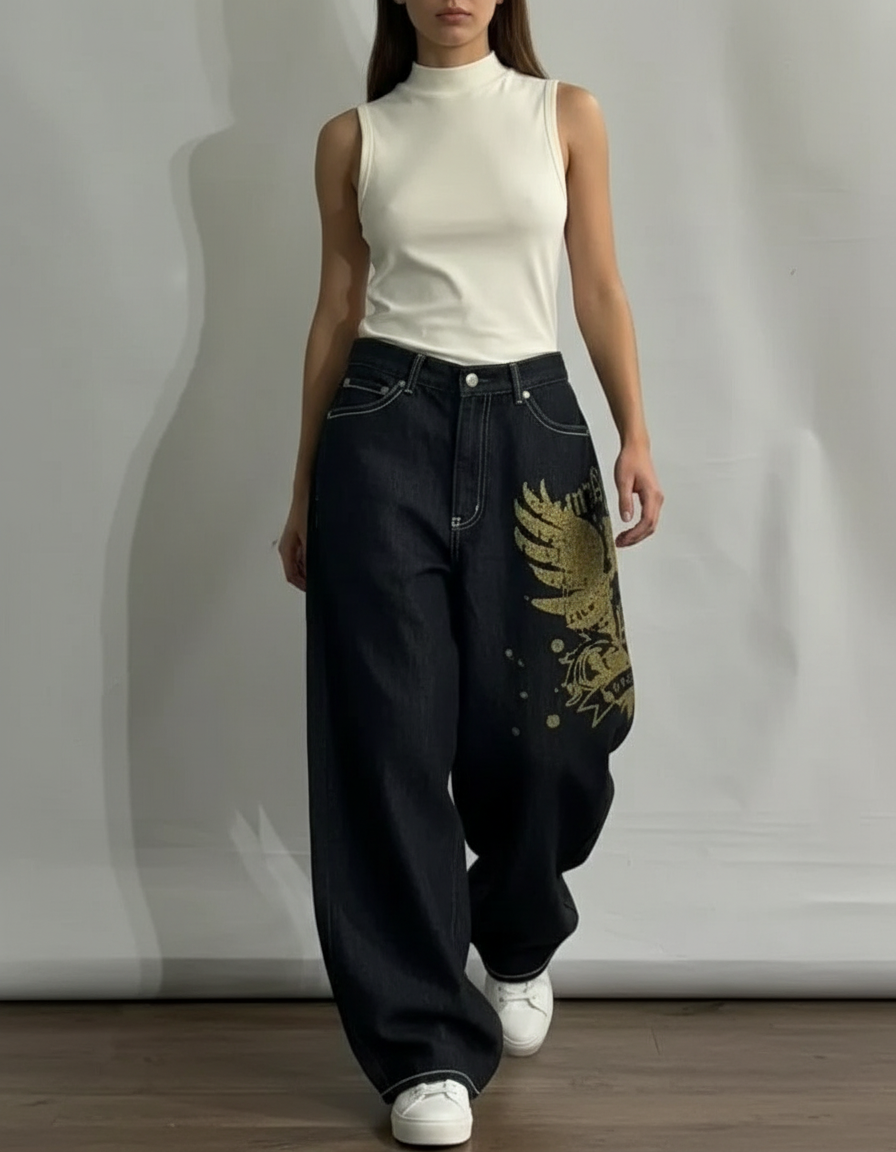 Pantalon Baggy Noir Ample Imprimé Streetwear Y2K - Jean