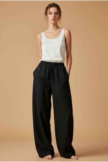 Pantalon Baggy Noir Lin Fluide Chic Femme