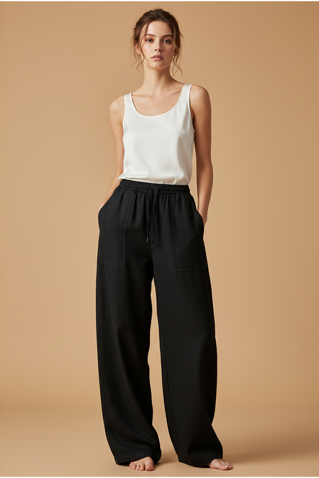 Pantalon Baggy Noir Lin Fluide Chic Femme