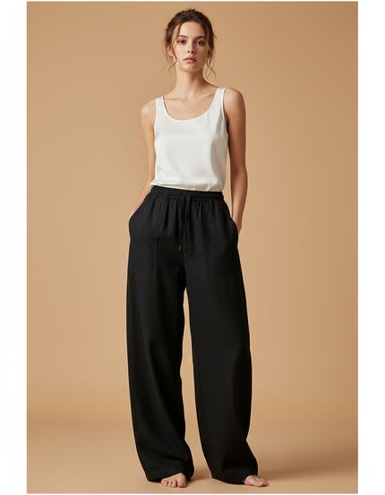 Pantalon Baggy Noir Lin Fluide Chic Femme