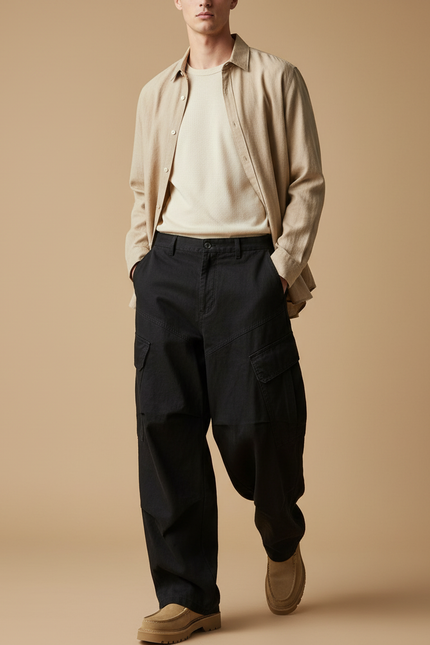 Pantalon Baggy Noir Cargo Ample Unisexe Décontracté - Toile