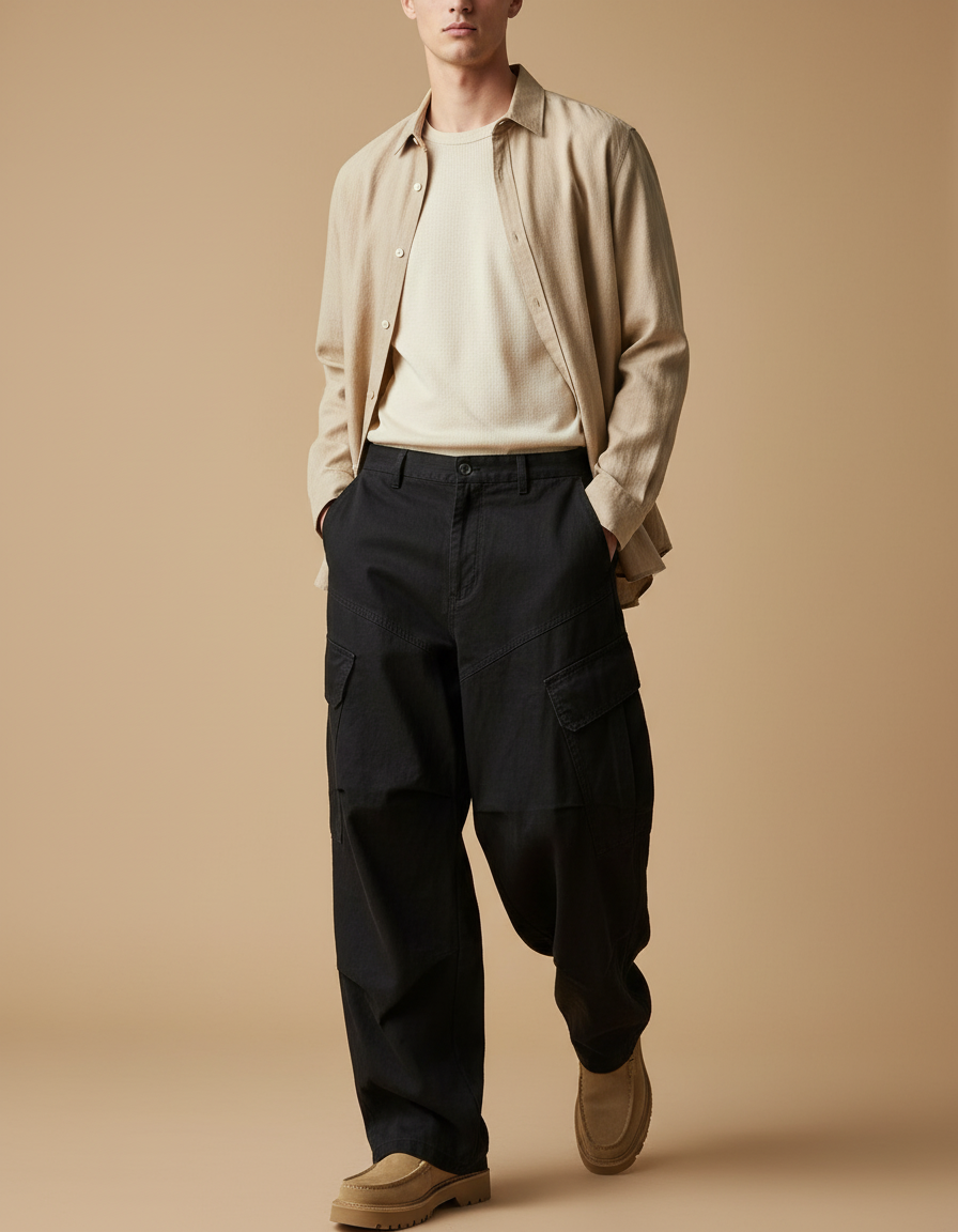 Pantalon Baggy Noir Cargo Ample Unisexe Décontracté - Toile