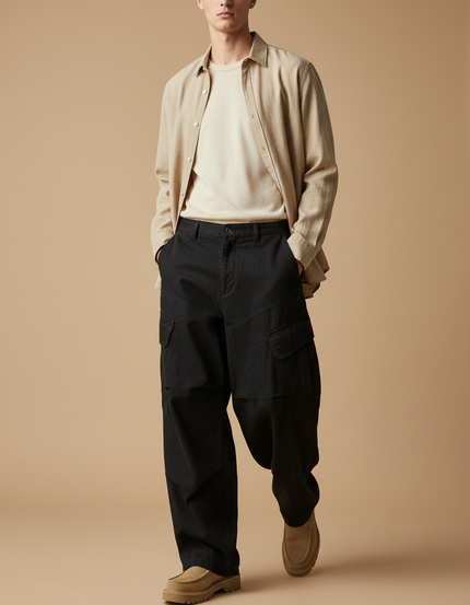 Pantalon Baggy Noir Cargo Ample Unisexe Décontracté - Toile