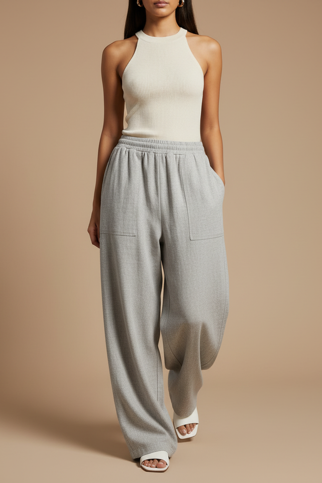 Pantalon Baggy Gris Fluide Décontracté Femme - Laine