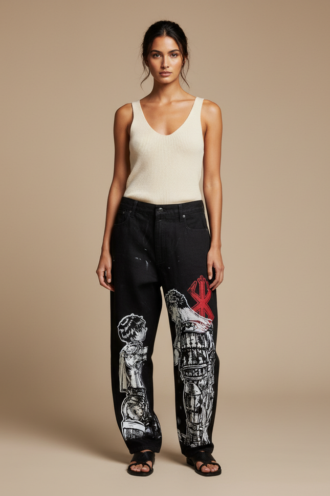 Pantalon Baggy Noir Ample Imprimé Manga Décontracté Femme - Jean