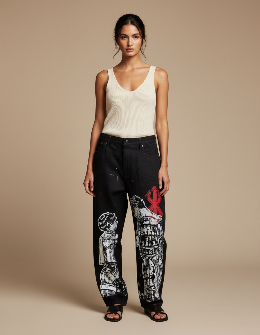 Pantalon Baggy Noir Ample Imprimé Manga Décontracté Femme - Jean