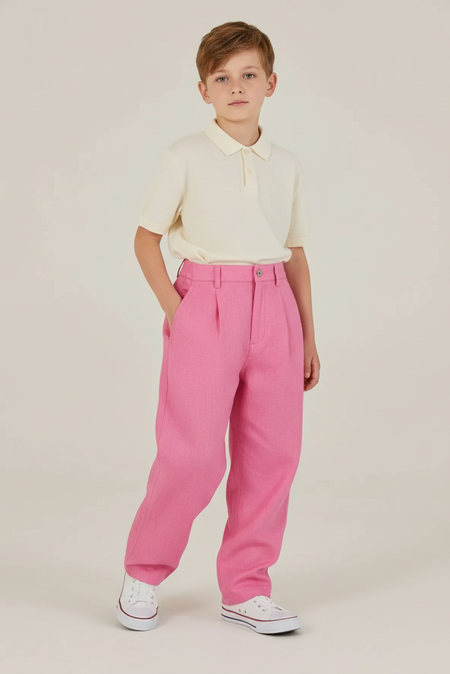 Pantalon Baggy Rose Fuschia Ample Plissé Lin Enfant