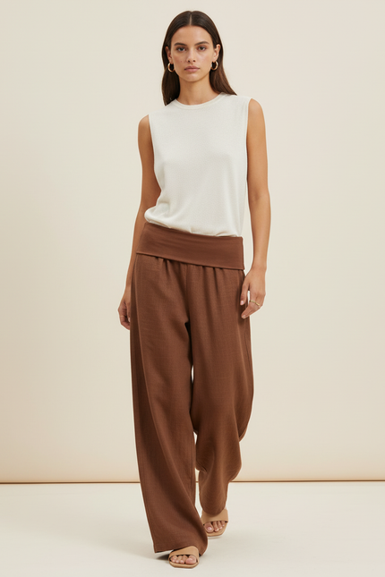 Pantalon Baggy Marron Ample Taille Basse Décontracté - Lin