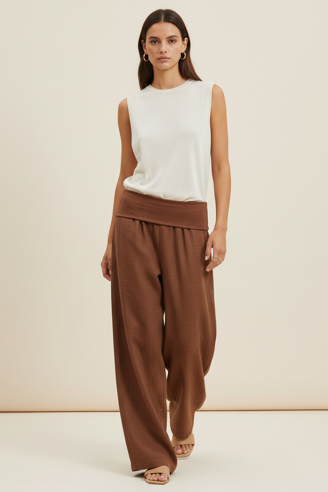 Pantalon Baggy Marron Ample Taille Basse Décontracté - Lin