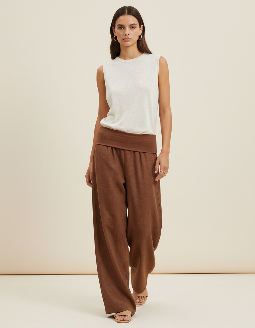 Pantalon Baggy Marron Ample Taille Basse Décontracté - Lin