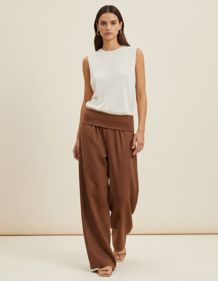 Pantalon Baggy Marron Ample Taille Basse Décontracté - Lin