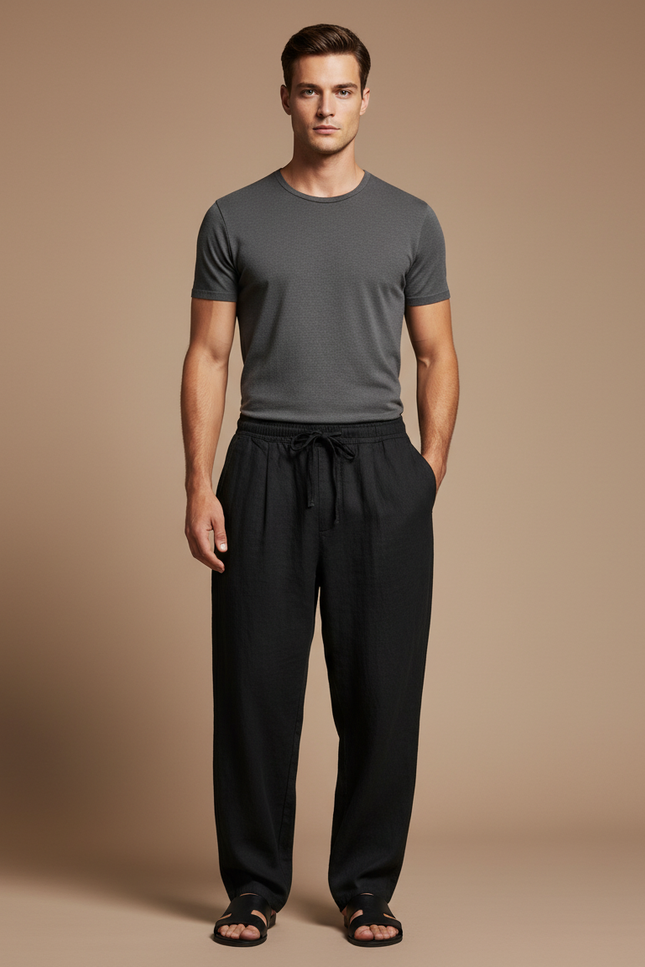 Pantalon Baggy Noir Lin Ample Cordon Décontracté