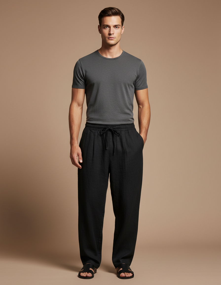 Pantalon Baggy Noir Lin Ample Cordon Décontracté
