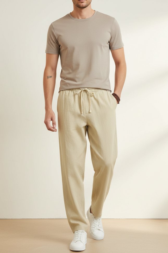 Pantalon Baggy Beige Coton Lin Ample Décontracté Homme