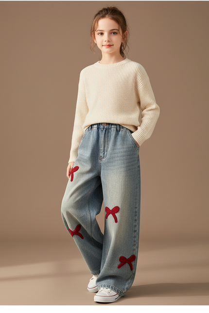 Pantalon Baggy Jean Délavé Ample Nœuds Rouges Enfant - Bleu