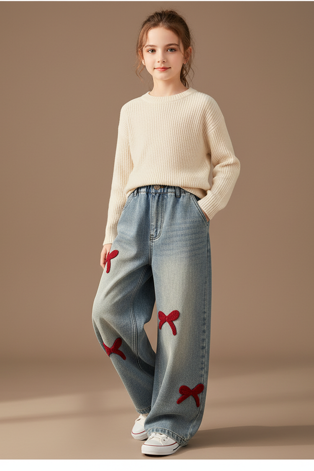 Pantalon Baggy Jean Délavé Ample Nœuds Rouges Enfant - Bleu