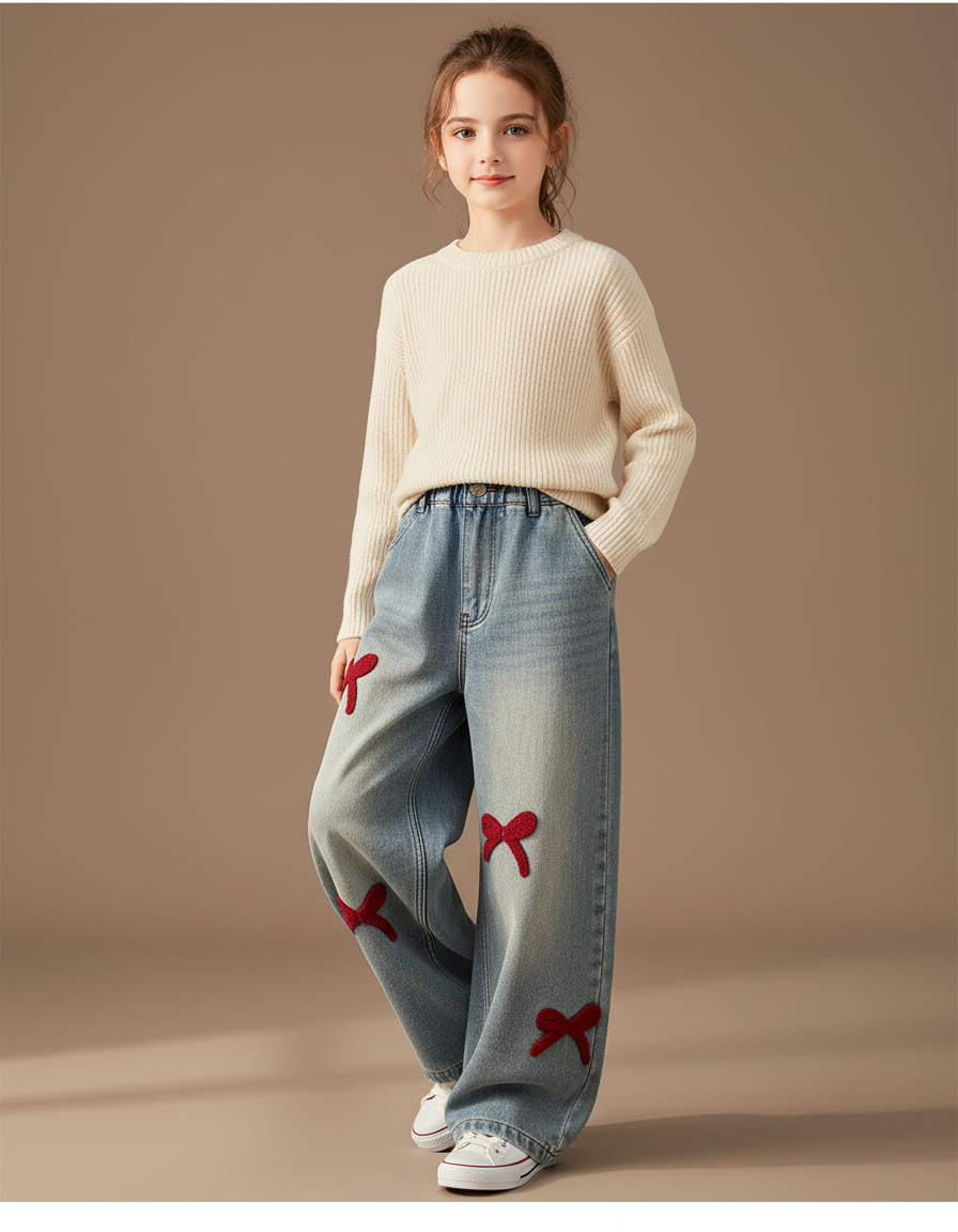 Pantalon Baggy Jean Délavé Ample Nœuds Rouges Enfant - Bleu