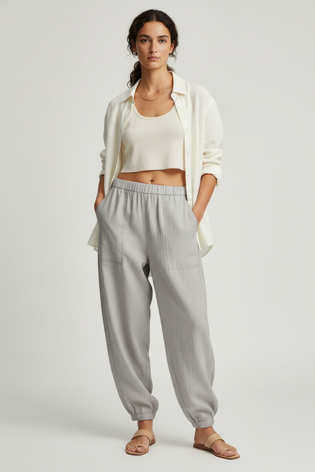 Pantalon Baggy Gris Clair Ample Cordon Décontracté Femme - Lin