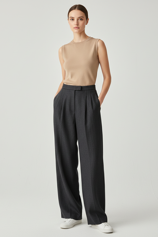 Pantalon Baggy Gris Plissé Ample Décontracté - Laine