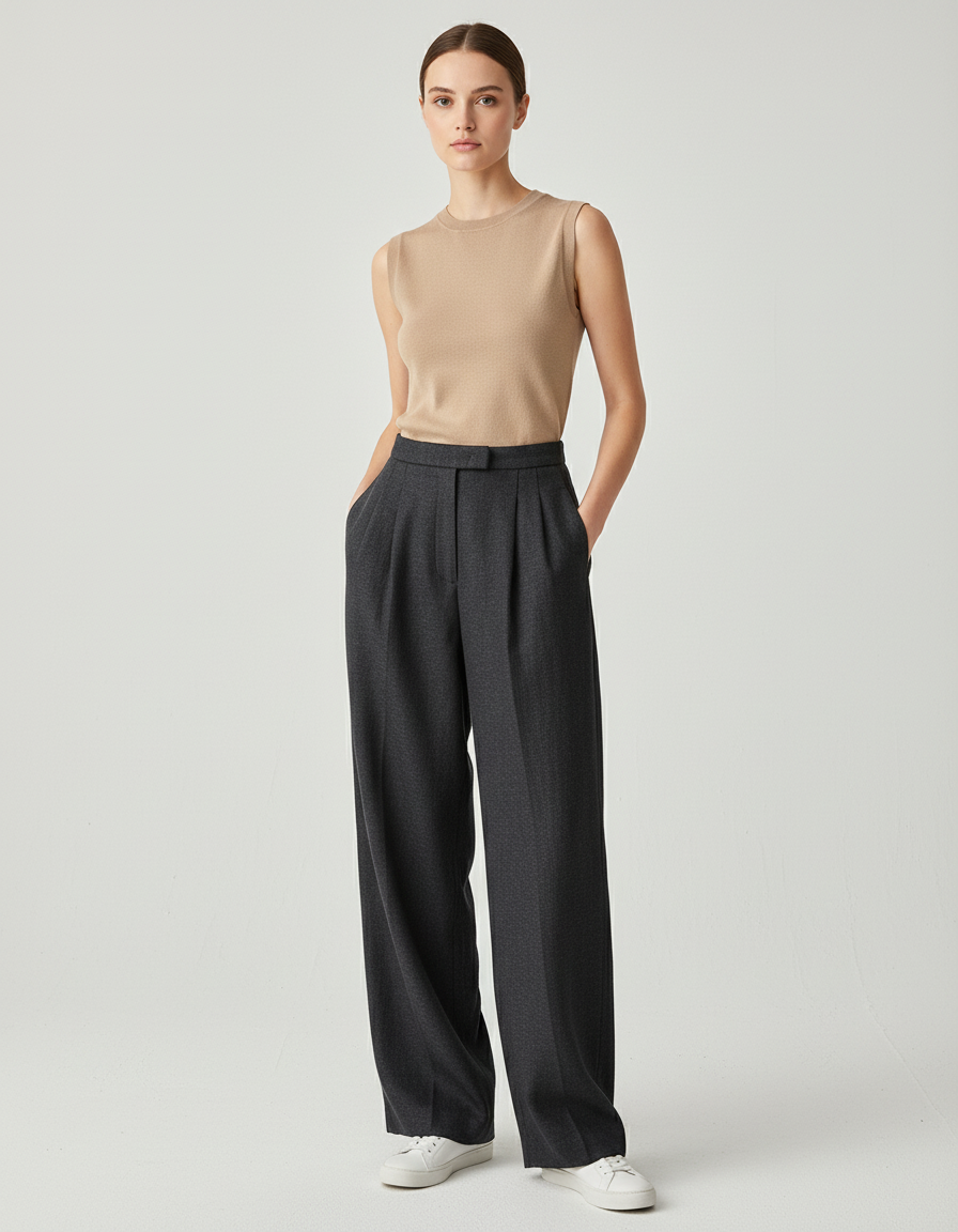 Pantalon Baggy Gris Plissé Ample Décontracté - Laine