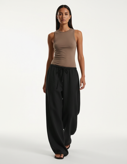 Pantalon Baggy Noir Ample Fluide Cordon - Lin
