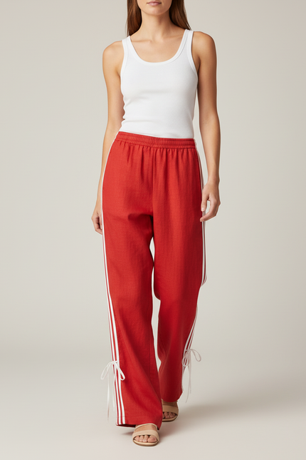 Pantalon Baggy Rouge Rayé Ample Fluide Cordon - Lin