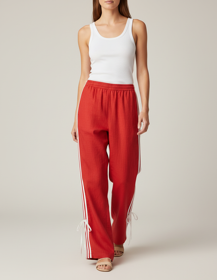 Pantalon Baggy Rouge Rayé Ample Fluide Cordon - Lin